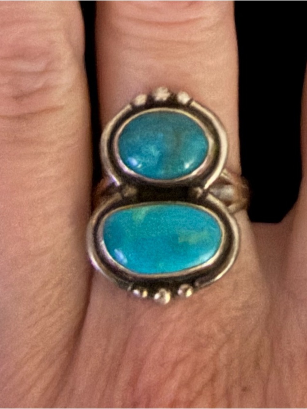 Vintage Tim Bedah Signed Navajo Dinè Double Turquoise Sterling Silver Ring 6.75